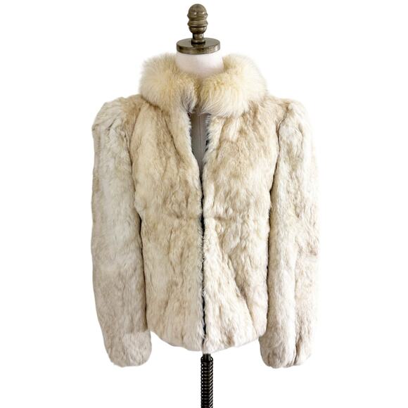 Vintage 80s Split End Ltd Cream 100% Rabbit Fur Coat Sz Medium Padded Shoulders